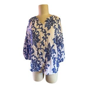 Ruby Rd. Blue and White Embroidered Floral Women's Top Balloon Sleeve Petite SM